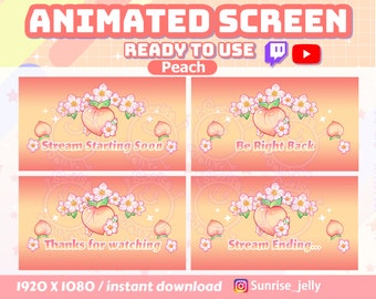 Animated Twitch Peach Stream Screens / Animation / Offline / Brb / Starting Soon / Stream / Ending / Thanks / Kawaii / PEACH / PINK