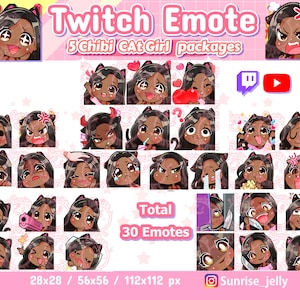 Twitch emotes / Black hair Brown eyes / Dark skin / Chibi Girl / Twitch emotes pack / streamers / kawaii / Cat / HYPE / Discord / Youtube