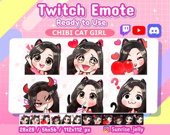 Twitch emotes / Black hair brown eyes  / Chibi Girl / Twitch emotes pack /  streamers / kawaii / Cat / emoji  /Discord / Youtube / Badges