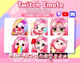 Twitch emotes / Pink hair Green eyes / Chibi Girl / Twitch emotes pack / streamers / kawaii / Cat / emoji  /Discord / Youtube / Rainbow rave