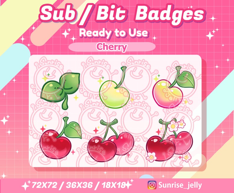 Twitch Sub Badges Cherry / Bit Badges / Cute sub badges / Kawaii / Streamer / Pastel / youtube Badges / flower / fruit sub badges image 1