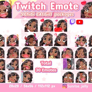 Twitch emotes / Curly hair / Black hair Brown eyes / Dark skin / Chibi Girl / Twitch emotes pack / streamers  / HYPE / Discord / Youtube