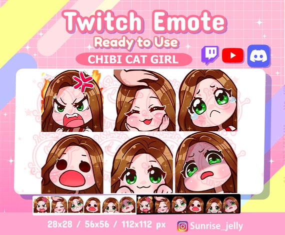 Twitch Emotes / 6 Cute chibi emoji emotes for streamers / kawaii brunette  girl stream emoji gg hype rage lol