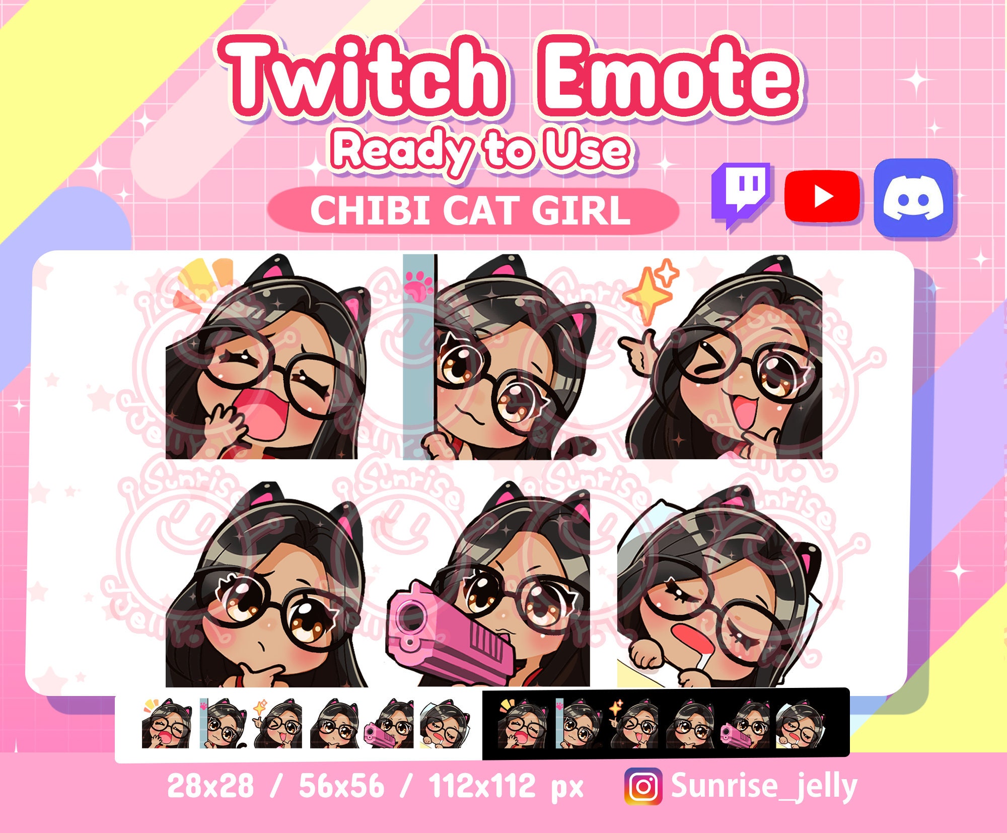 Twitch Emotes MEGA Pack Black Bang Hair Brown Eyes Tan Chibi Girl