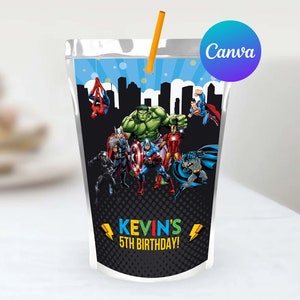 Superhero Birthday Capri Sun Labels Editable Template Boy Avengers Party Juice Pouch Labels Decoration Digital Printable