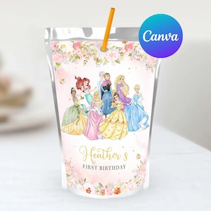Puede incluir: Bolsa de jugo de plástico transparente con una pajita naranja. La bolsa está decorada con ilustraciones de acuarela de princesas y detalles florales. El texto dice "Heather's First Birthday". Un logotipo de Canva está en la esquina superior derecha.