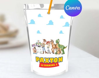Due Infinity e Beyond Toy Story Compleanno Capri Sun Etichette Modello Modificabile Woody Buzz Giocattolo Bambini Festa Succo Pouch Etichette Digitali Stampabili