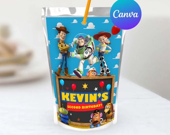 Due Infinity e Beyond Toy Story Compleanno Capri Sun Etichette Modello Modificabile Woody Buzz Giocattolo Bambini Festa Succo Pouch Etichette Digitali Stampabili