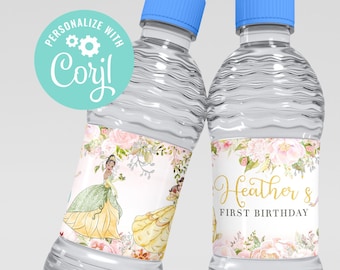 Modèle personnalisé d'étiquettes de bouteille de premier anniversaire de princesse modifiables or Royal Rose Girl célébration magique décoration de fête numérique imprimable