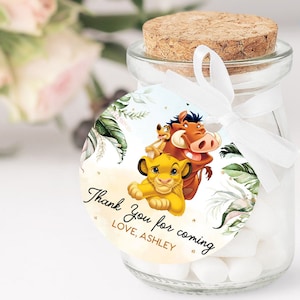 Etiqueta de lembrança do primeiro aniversário do Rei Leão Menino Hakuna Matata Simba Pumbaa Timone Etiquetas de agradecimento Etiquetas de presente Decoração de aniversário Modelo editável para impressão