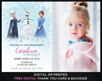 May include: A birthday party invitation with characters from the film "Frozen", including Elsa, Olaf, and Anna. The invitation includes the text "Welcome to the Frozen Party", the name "Carolina", and party details. A young girl is also pictured.
