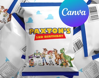 Dos bolsas de chips de Toy Story de Infinity and Beyond para cumpleaños, Woody y Buzz, decoración para fiestas infantiles, plantilla digital imprimible y editable, descarga instantánea.