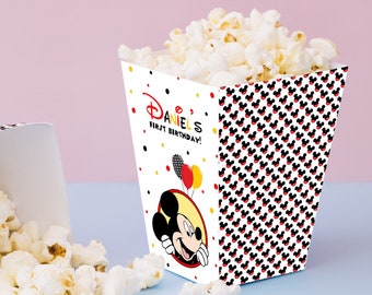 Mickey Mouse eerste verjaardag Popcorn tassen jongen Mickey 1e verjaardag partij decoratie Candy Box digitale afdrukbare bewerkbare sjabloon