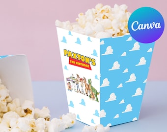 Due sacchetti per popcorn di compleanno a tema Toy Story Infinity e Beyond, Woody Buzz Toy, scatola di caramelle per feste per bambini, modello digitale stampabile e modificabile