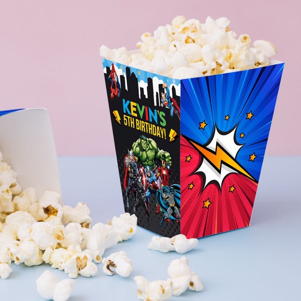 Superhero Birthday Popcorn Bags Boy Avengers Party Candy Box Decoration Digital Printable Editable Template