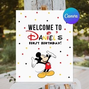 印刷可能なミッキーマウスの誕生日ウェルカムボード 赤 黒 黄