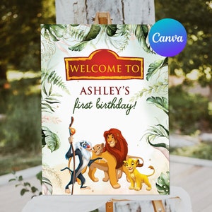 Rey León primer cumpleaños signo de bienvenida niño Hakuna Matata Simba Pumbaa Timone Nala fiesta bienvenida al aire libre patio signo editable plantilla imprimible
