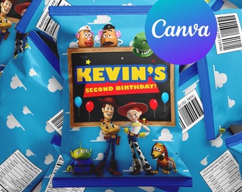 Dos bolsas de chips de Toy Story de Infinity and Beyond para cumpleaños, Woody y Buzz, decoración para fiestas infantiles, plantilla digital imprimible y editable, descarga instantánea.