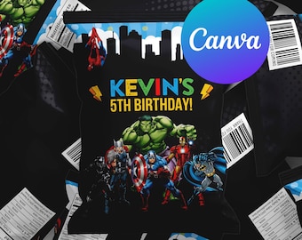 Superhero Birthday Chip Bags Boy Avengers Party Decoration Digital Printable Editable Template Instant Download