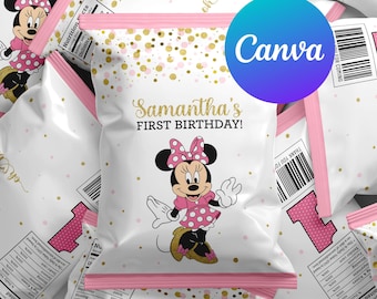 Minnie Mouse First Birthday Chip Bags Girl Minnie 1st Birthday Party Decoration Glitter Gold and Pink Digital Printable Editable Template