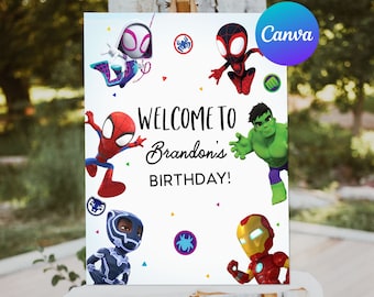 Spidey et ses incroyables amis, anniversaire, bienvenue, garçon, super-héros, fête, bienvenue, extérieur, cour, signe, décoration, modifiable, imprimable