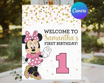 Letrero de bienvenida para el primer cumpleaños de Minnie Mouse, plantilla editable e imprimible para decoración de jardín al aire libre.