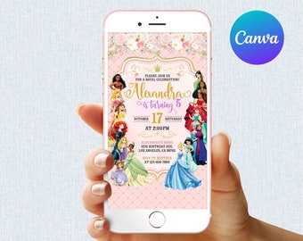 Puede incluir: Un teléfono inteligente muestra una invitación de cumpleaños con temática de princesas en rosa. La invitación incluye el texto "Alexandra cumple 5 años" con elementos florales e ilustraciones de princesas. El teléfono se sostiene en una mano, con el logotipo de Canva visible.