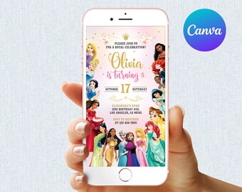 Puede incluir: Un teléfono inteligente muestra una invitación de cumpleaños con temática de princesas. La invitación dice "Olivia cumple 5" con la fecha del 17 de octubre. El teléfono se sostiene en una mano. La parte superior de la imagen dice "EDIT, DOWNLOAD & TEXT TODAY!"