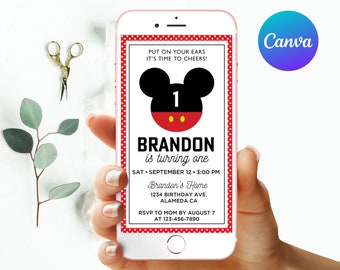 Mickey Mouse First Birthday Invitation Boy Mobile Phone Text Party Electronic Email SMS Evite Digital Editable Template Corjl