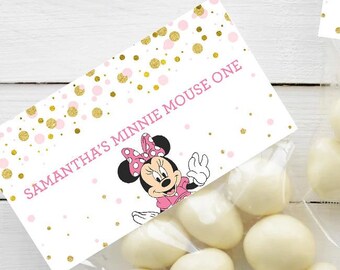 Minnie Mouse First Birthday Bag Topper Girl Minnie 1st Birthday Party Decoration Glitter Gold and Pink Digital Printable Editable Template