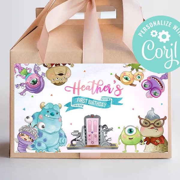 Monsters University First Birthday Gable Box Labels Our Little Monster Favor Box Sticker Boo Sully Mike Digital Printable Editable Template