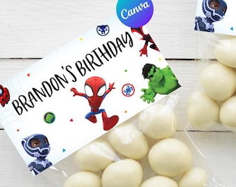 Spidey en zijn geweldige vrienden verjaardag tas topper jongen superheld feestdecoratie digitale afdrukbare bewerkbare sjabloon direct downloaden