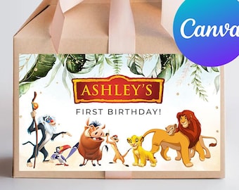 Lion King First Birthday Gable Box Labels Boy Hakuna Matata Favor Box Sticker Simba Pumbaa Timone Nala Digital Printable Editable Template