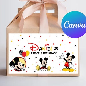 Mickey Mouse First Birthday Gable Box Labels Boy Favor Box Sticker Mickey 1st Birthday Party Decoration Digital Printable Editable Template