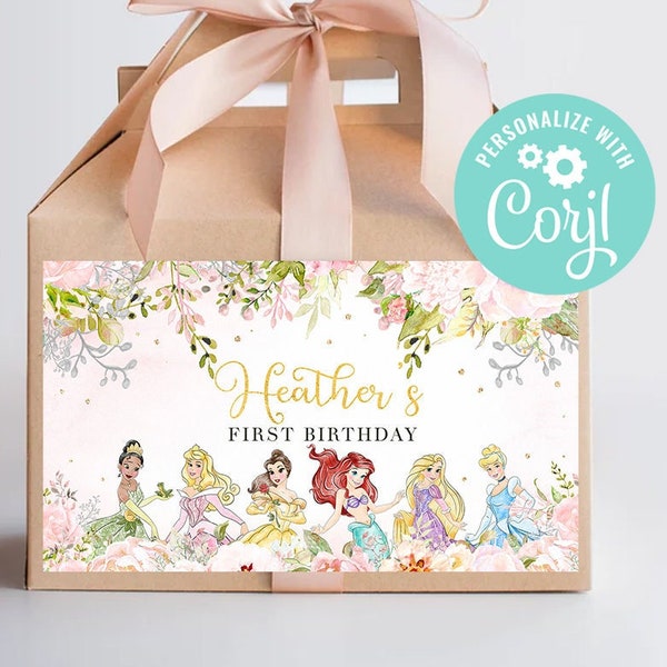 Princess First Birthday Gable Box Labels Gold Royal Rose Favor Box Sticker Girl Magical Celebration Digital Printable Editable Template