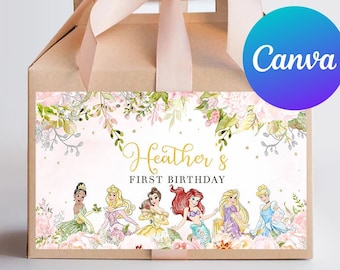 May include: A tan gift box with a pink ribbon and handle. The front of the box features a floral design with Disney princess illustrations and the text "Heather's First Birthday". The Canva logo is visible.
