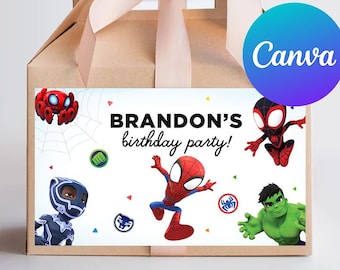 Spidey and His Amazing Friends Birthday Gable Box Label Boy Superhero Party Favor Box Sticker Decoration Digital Printable Editable Template