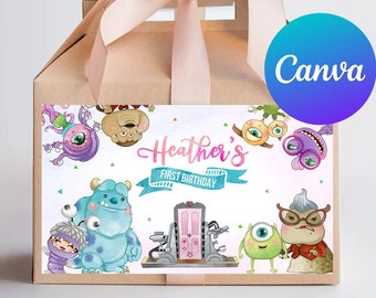 Monsters University First Birthday Gable Box Labels Our Little Monster Favor Box Sticker Boo Sully Mike Digital Printable Editable Template