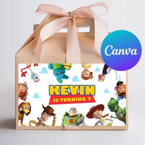Deux étiquettes pour boîte à pignon d'anniversaire à l'infini et au-delà, jouet pour enfants, autocollant pour boîte cadeau Woody Buzz, modèle numérique imprimable modifiable