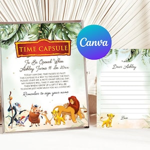 Premier anniversaire du roi lion, capsule temporelle Hakuna Matata Simba Pumbaa Timone Nala, cartes de correspondance assorties modèle numérique imprimable modifiable