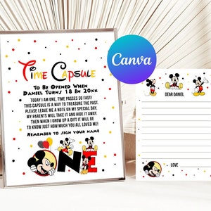Mickey Mouse, premier anniversaire, capsule temporelle, Mickey, 1er anniversaire, décoration de fête, cartes de correspondance assorties, modèle numérique imprimable et modifiable