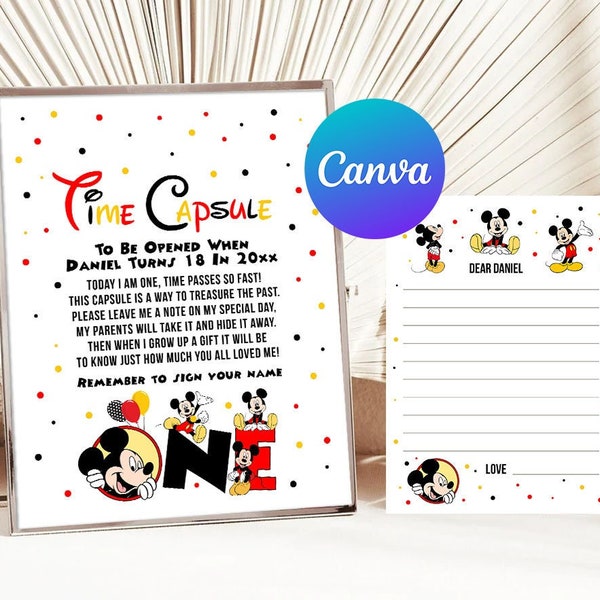 Mickey Mouse First Birthday Time Capsule Boy Mickey 1st Birthday Party Decoration Matching Note Cards Digital Printable Editable Template