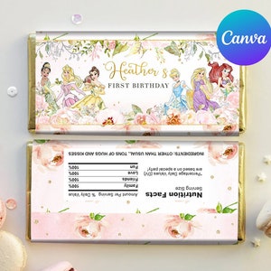 Princesa primeiro aniversário embalagem de chocolate ouro real rosa menina celebração mágica festa hershey bar etiquetas modelo editável para impressão