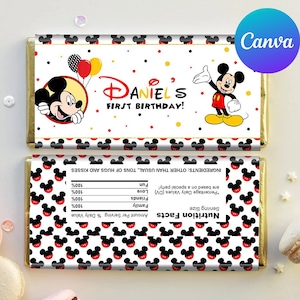 Emballage de chocolat pour le premier anniversaire de Mickey Mouse, décoration de fête pour le 1er anniversaire de garçon, décoration de fête pour le 1er anniversaire de Mickey Mouse, modèle modifiable, imprimable