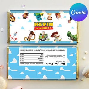 May include: Two chocolate bar wrappers with Toy Story characters. The top wrapper has the text "KEVIN IS TURNING 2" and character illustrations. The bottom wrapper has a blue sky and cloud design with nutrition information.