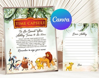 Lion King First Birthday Time Capsule Boy Hakuna Matata Simba Pumbaa Timone Nala Matching Note Cards Digital Printable Editable Template