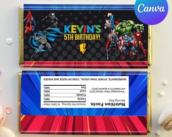 Superhero Birthday Chocolate Wrapper Boy Avengers Party Hershey Bar Labels Decoration Editable Template Printable