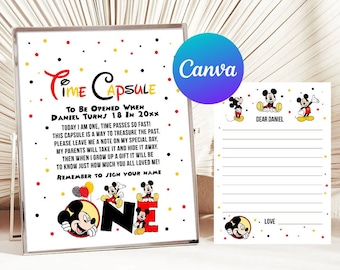 Mickey Mouse First Birthday Time Capsule Boy Mickey 1st Birthday Party Decoration Matching Note Cards Digital Printable Editable Template