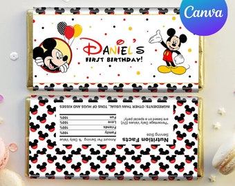 Mickey Mouse First Birthday Chocolate Wrapper Boy Mickey 1st Birthday Party Decoration Hershey Bar Labels Editable Template Printable