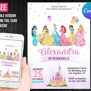 Princess Birthday Girl Invitation Editable Template Custom Printable Instant Download Digital or Printed Cinderella, Ariel, Belle